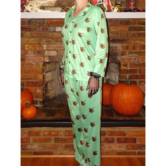Mint Green Annoyed Cat Pajama Set L pants button up top sleepwear kitty - Picture 1 of 9